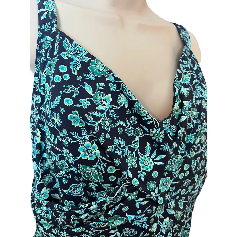 Lands’ End Tankini 26W Blue Green Floral Swimwear Pool Spa Cruisewear Beach